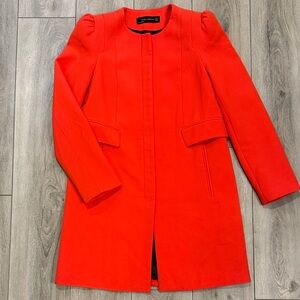 Zara Vibrant Red Puff Shoulder Mid Length Collarless Ladies Coat- Zip Closure M